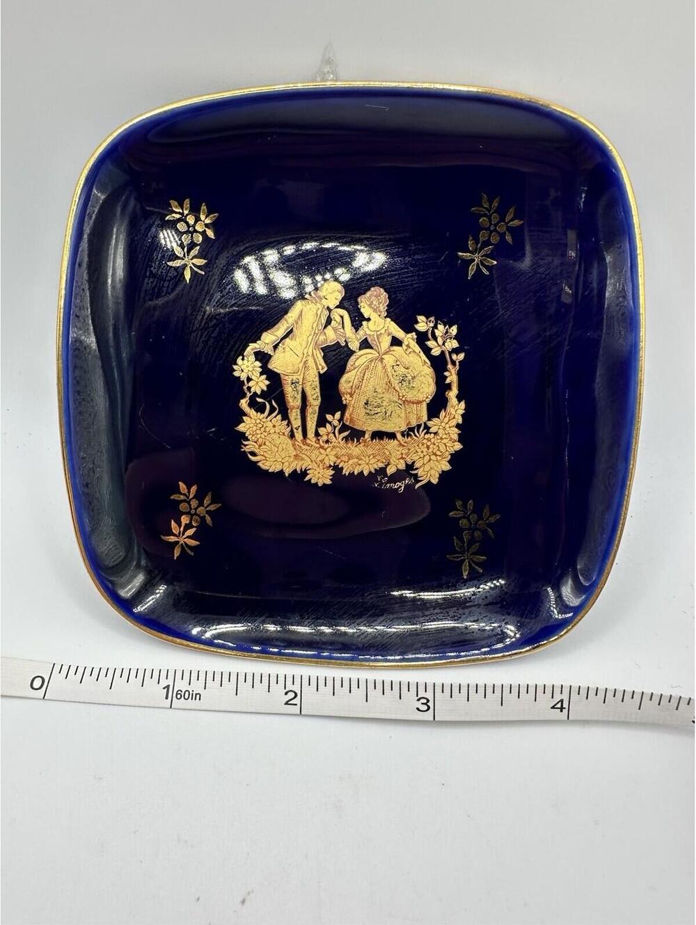 Limoges France Cobalt And Gold Courting Couple Trinket Tray Plate Square 3.5”